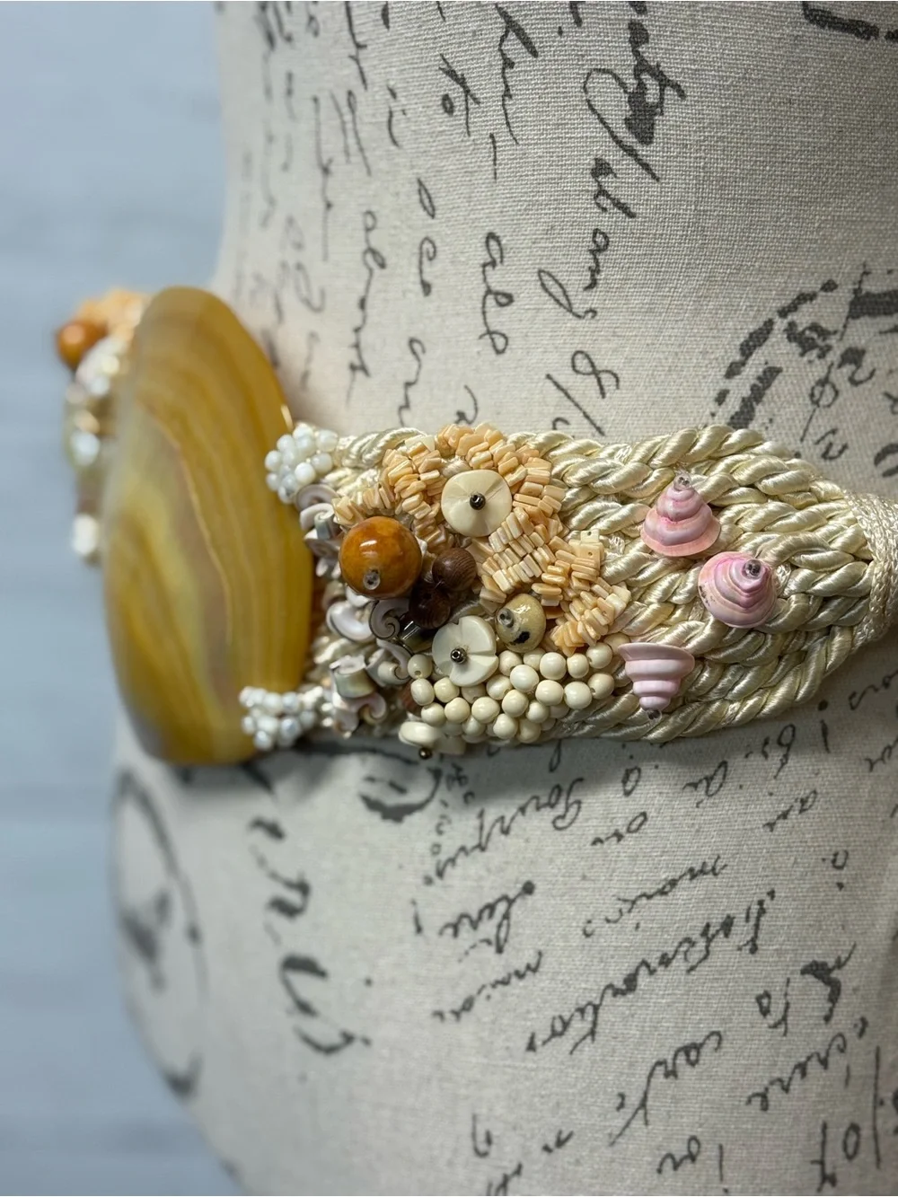 Vintage Handcrafted Mother-of-Pearl Shell Statement Woven Rope Belt